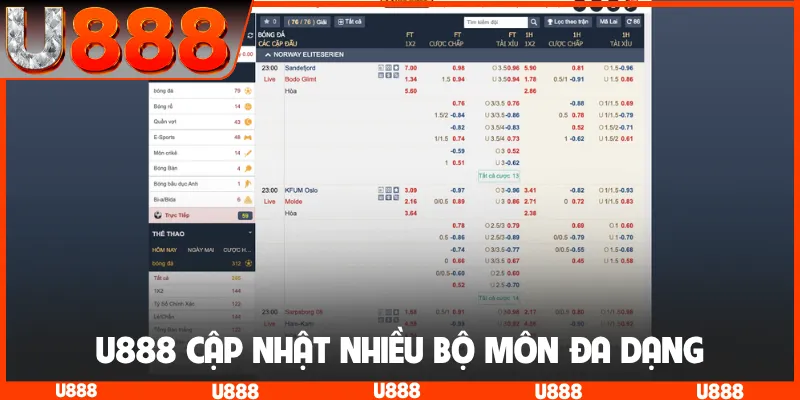 U888 cập nhật nhiều bộ môn đa dạng